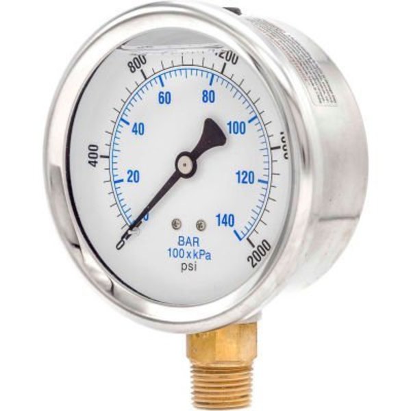 Engineered Specialty Products, Inc Pic Gauges 4" Pressure Gauge, Liquid Filled, 2000 PSI, Stainless Case, Lower Mount, 201L-402O 201L-402O